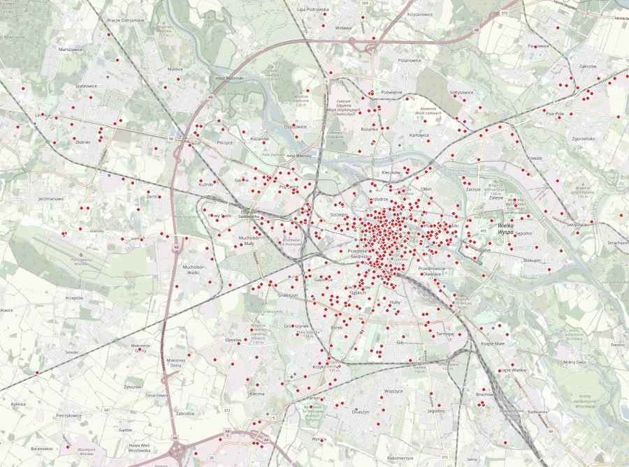 Mapa całego Wrocławia ze wszystkimi krasnalami